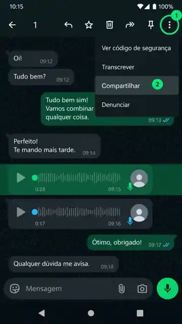 WhatsApp voice message selected with the three-dot menu and Share option highlighted